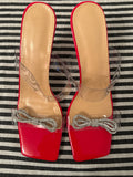 Red Heeled Sandals w/ Clear Straps & Silver Rhinestone Bows Size EU 40