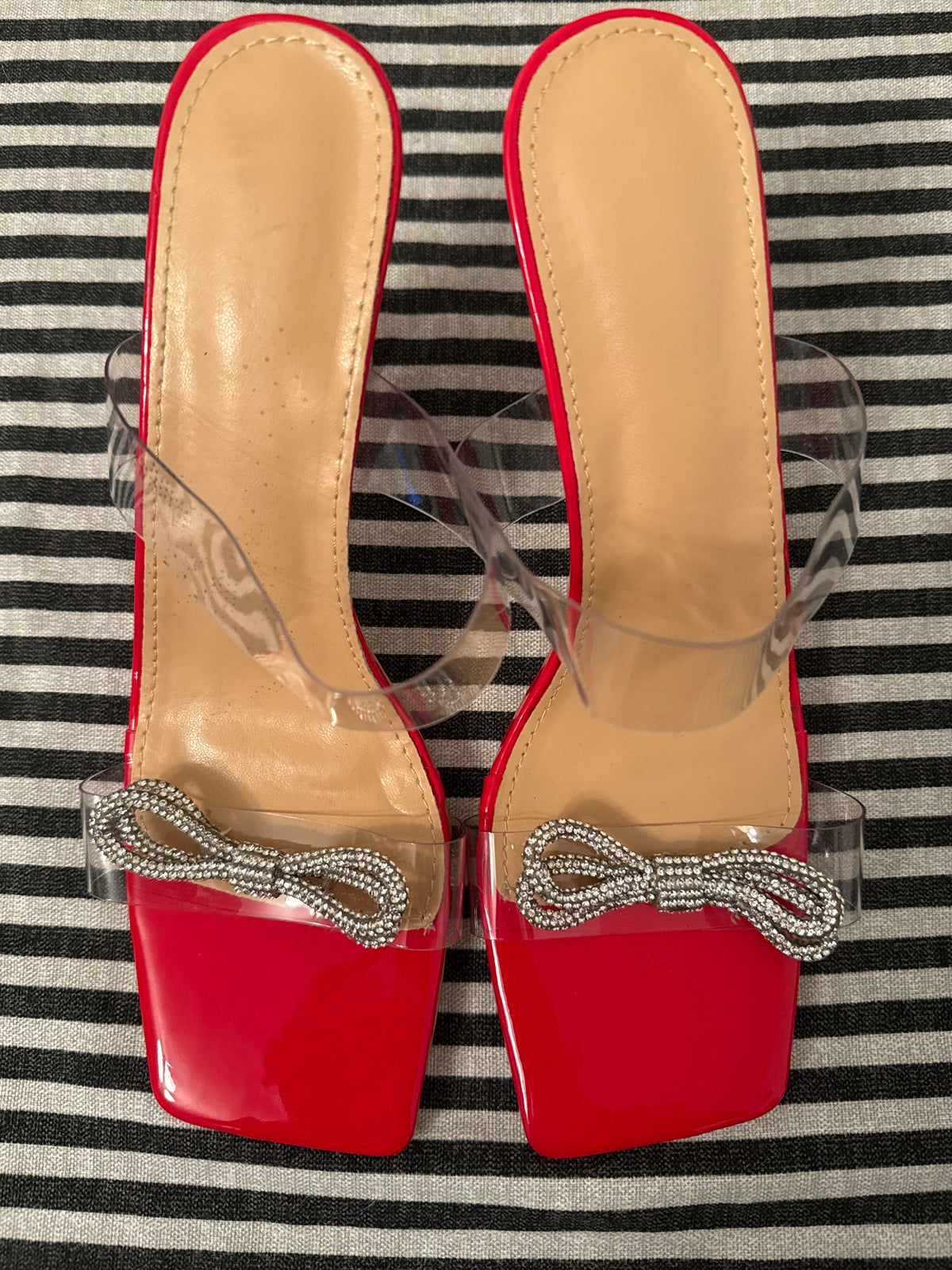 Red Heeled Sandals w/ Clear Straps & Silver Rhinestone Bows Size EU 40