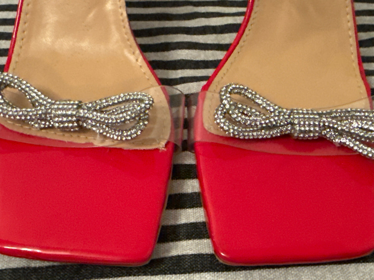 Red Heeled Sandals w/ Clear Straps & Silver Rhinestone Bows Size EU 40