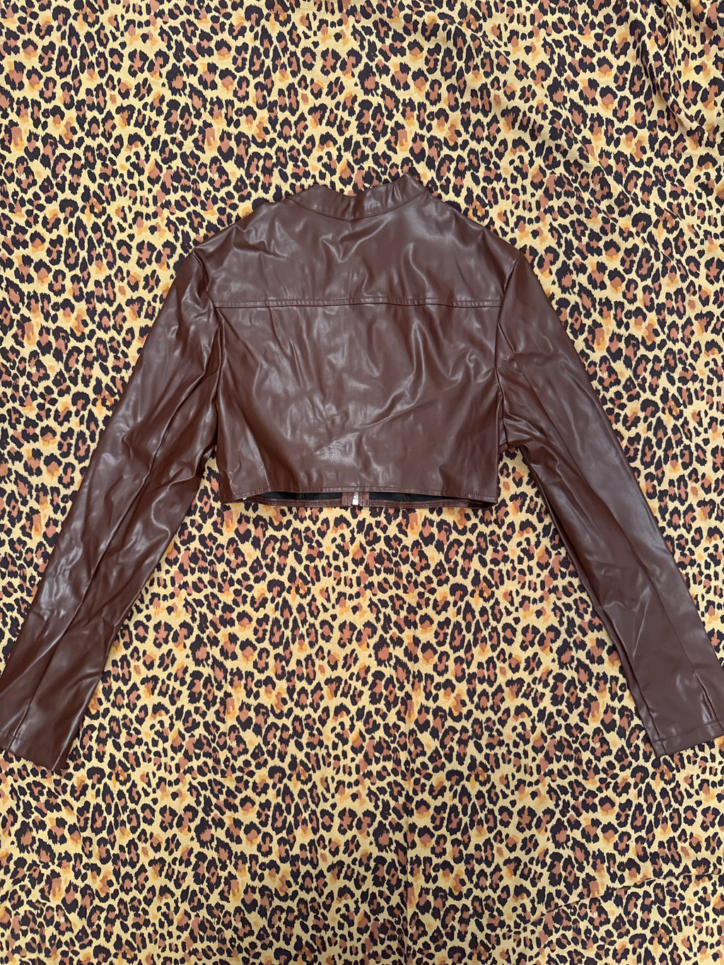 Shein Dark Brown Pleather Mini Cropped Long Sleeve Jacket S