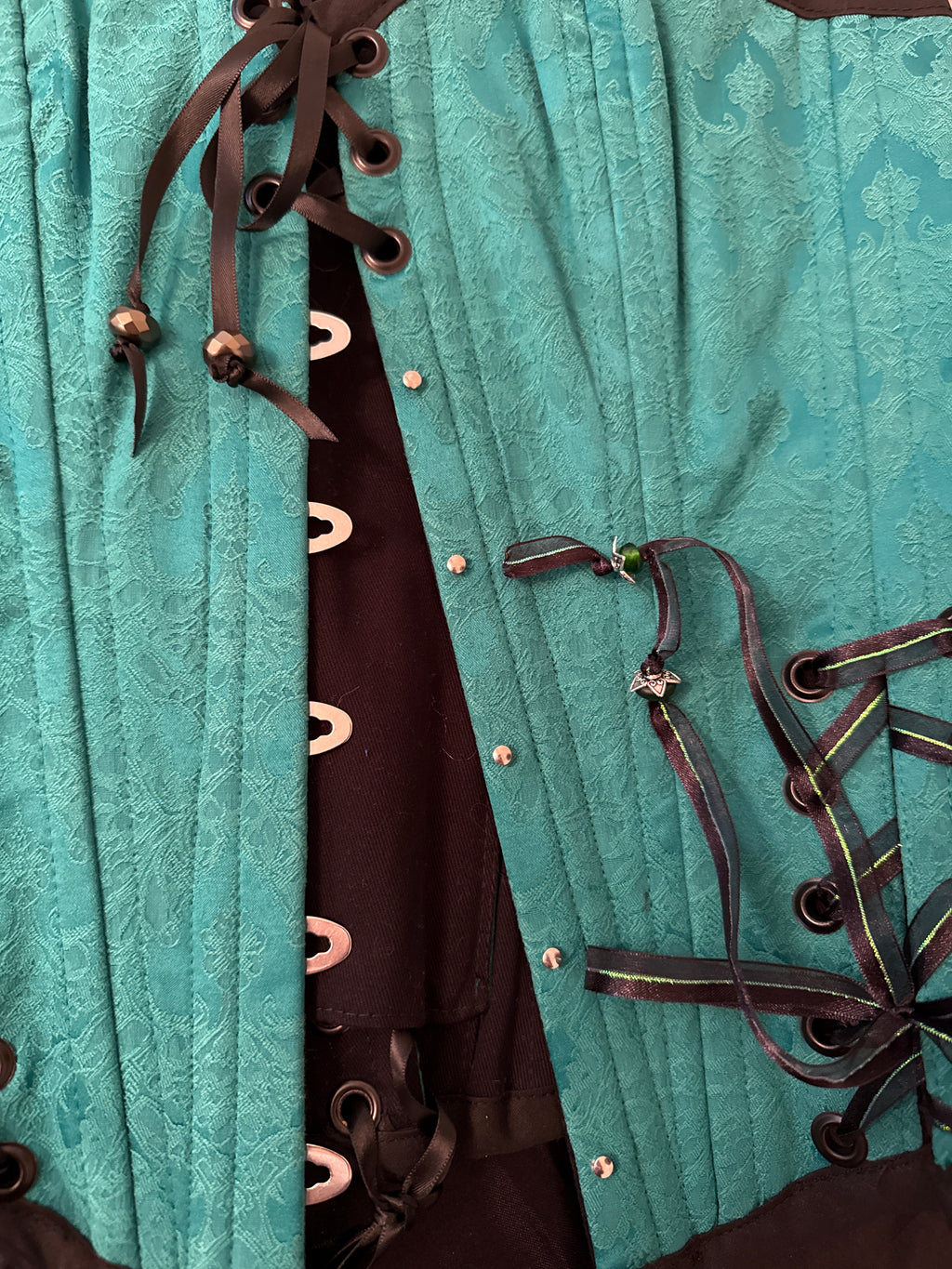 Custom Laced, Hand Beaded, Green & Black Corset M
