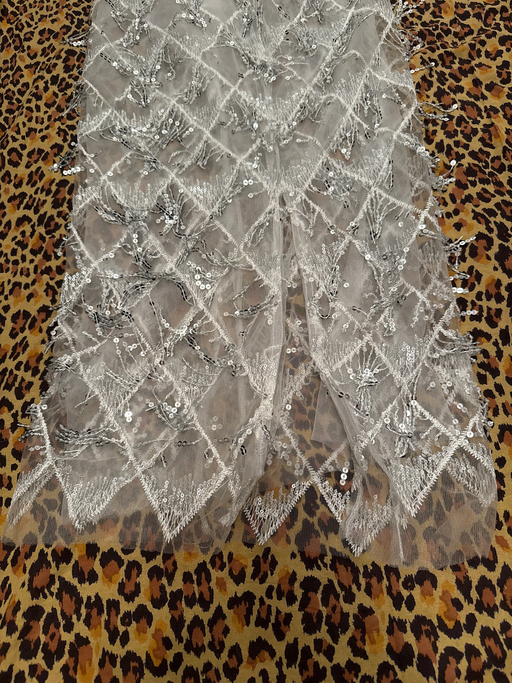 Silver, White, & Sheer Beaded Rhinestone Festival Skirt Long S