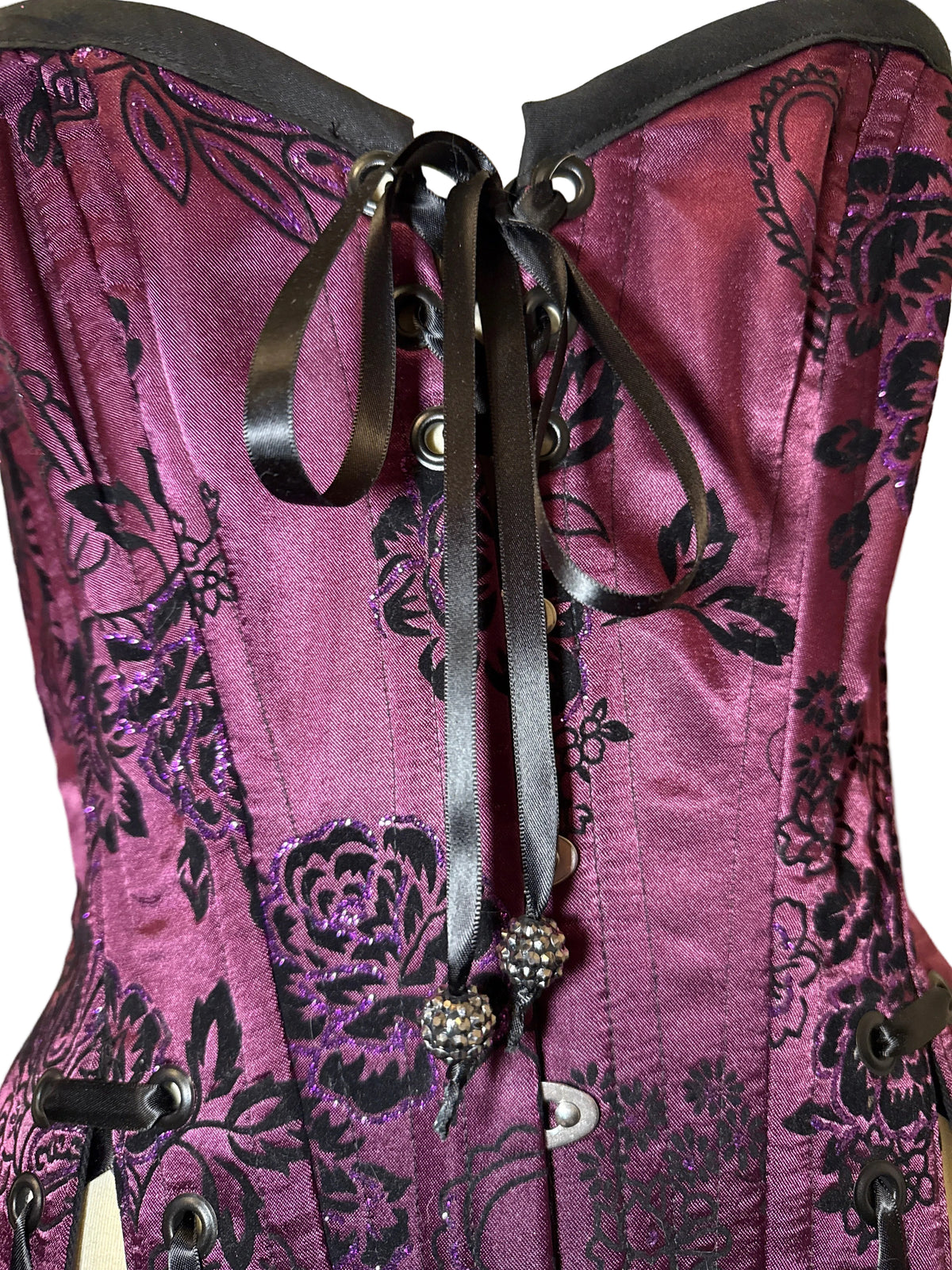 Custom Laced, Hand Beaded, Purple Corset w/ Black Velvet Roses & Purple Glitter M