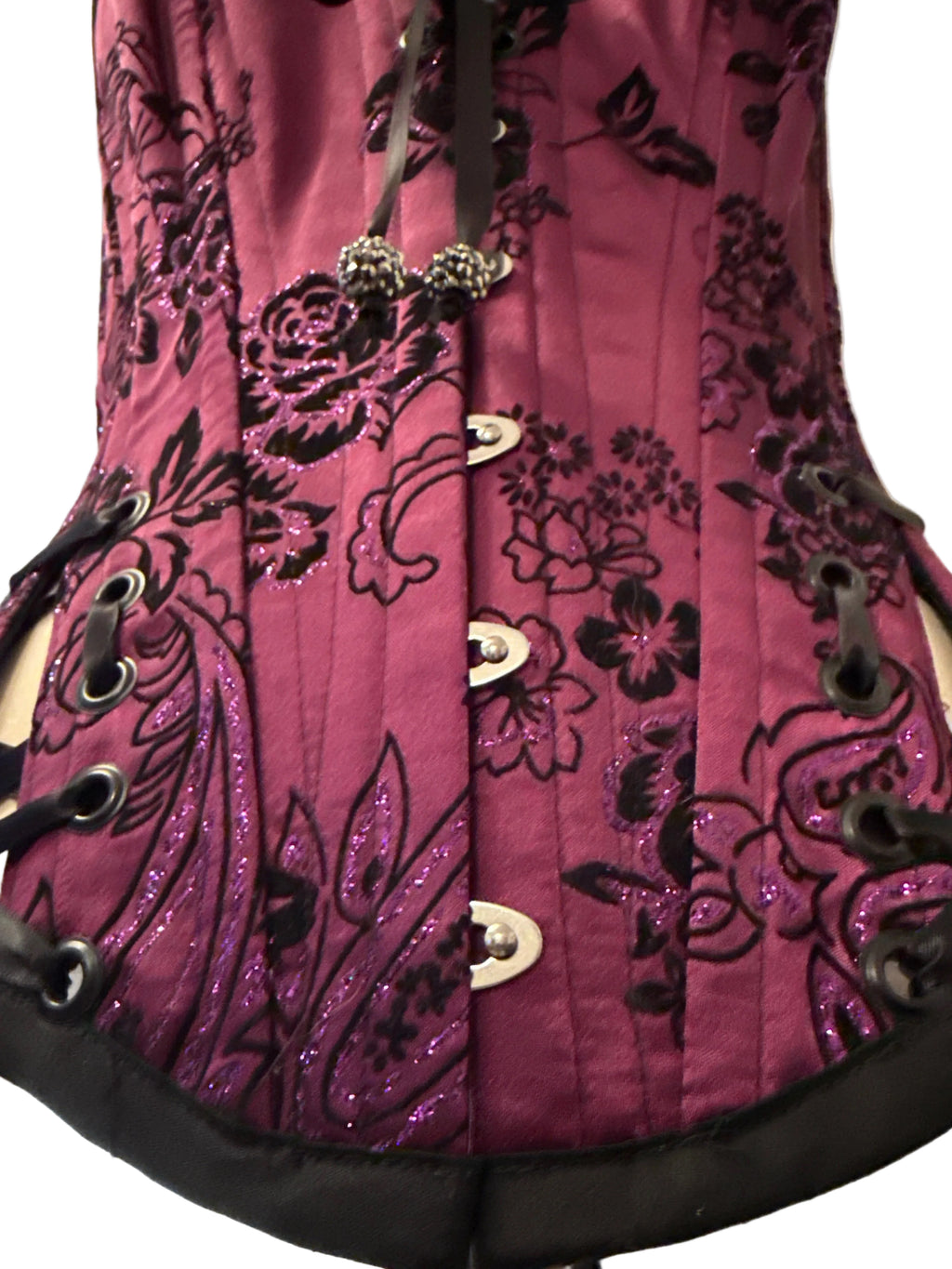 Custom Laced, Hand Beaded, Purple Corset w/ Black Velvet Roses & Purple Glitter M