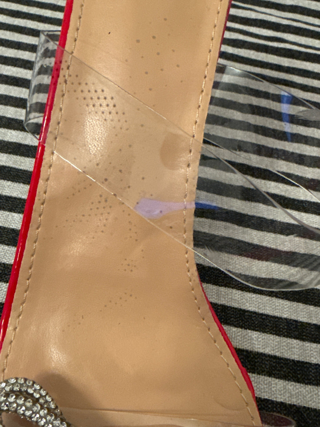 Red Heeled Sandals w/ Clear Straps & Silver Rhinestone Bows Size EU 40