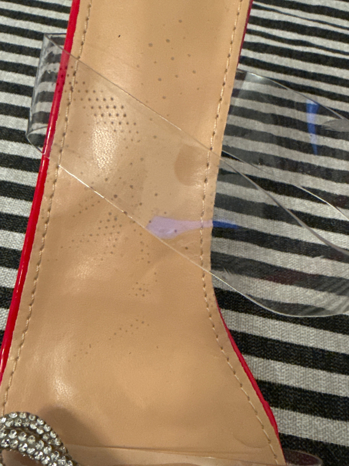 Red Heeled Sandals w/ Clear Straps & Silver Rhinestone Bows Size EU 40