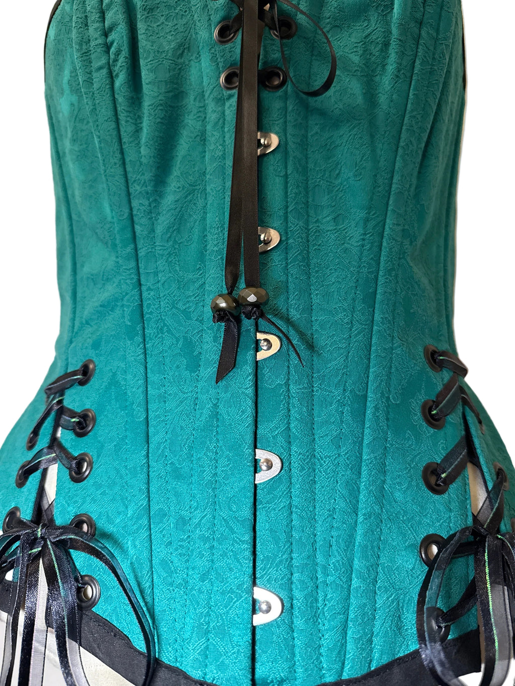 Custom Laced, Hand Beaded, Green & Black Corset M