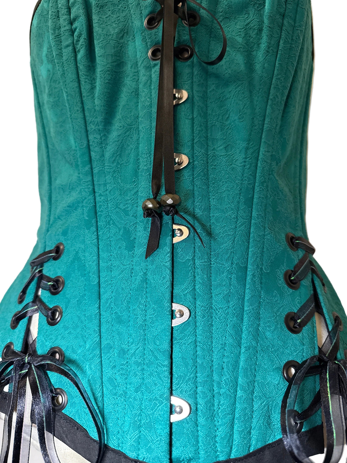 Custom Laced, Hand Beaded, Green & Black Corset M