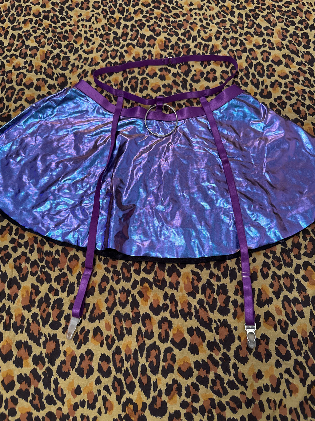 Purple Holographic O-Ring Skirt w Waist Belt & Stocking Clips S
