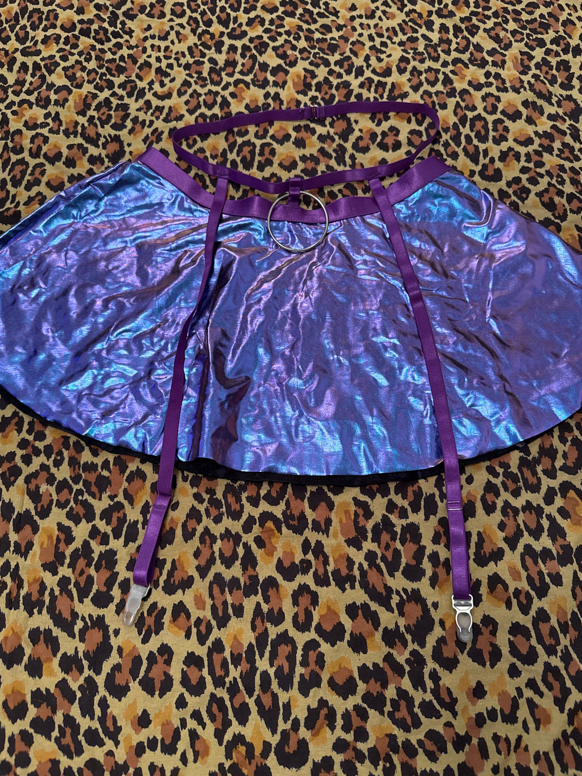 Purple Holographic O-Ring Skirt w Waist Belt & Stocking Clips S