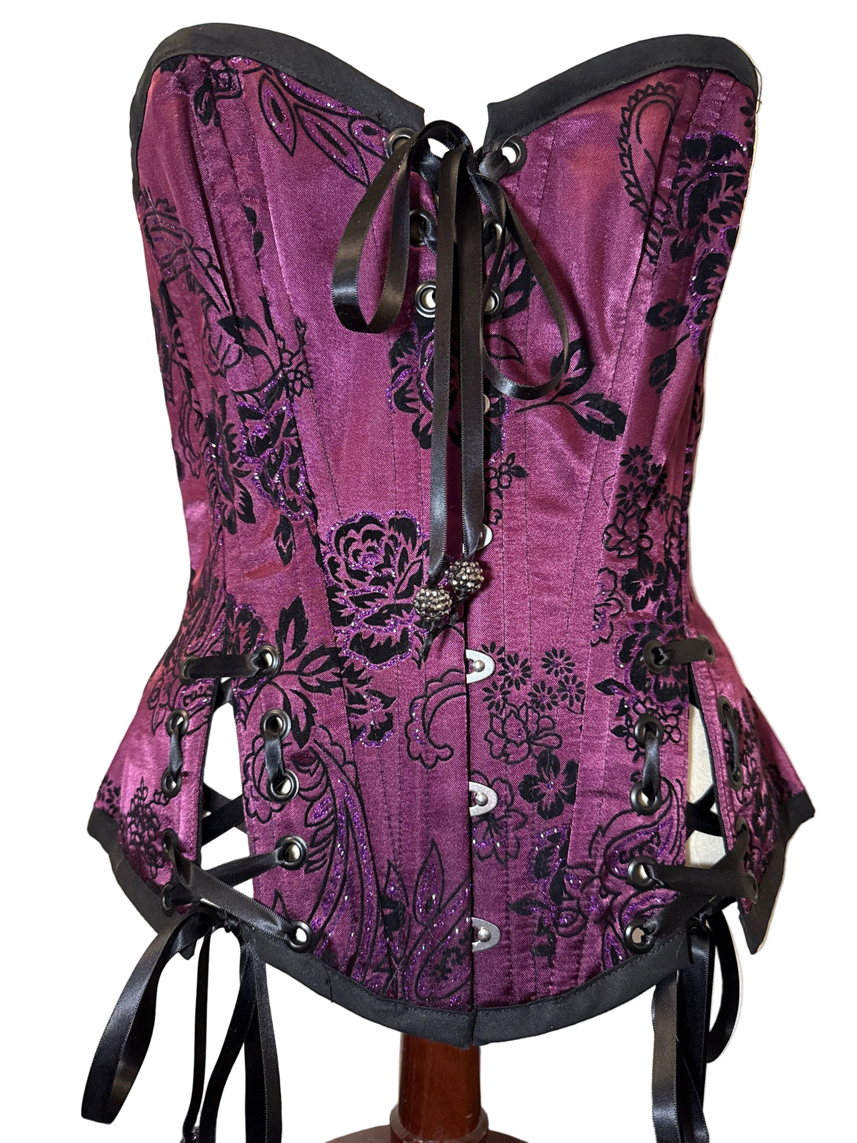 Custom Laced, Hand Beaded, Purple Corset w/ Black Velvet Roses & Purple Glitter M