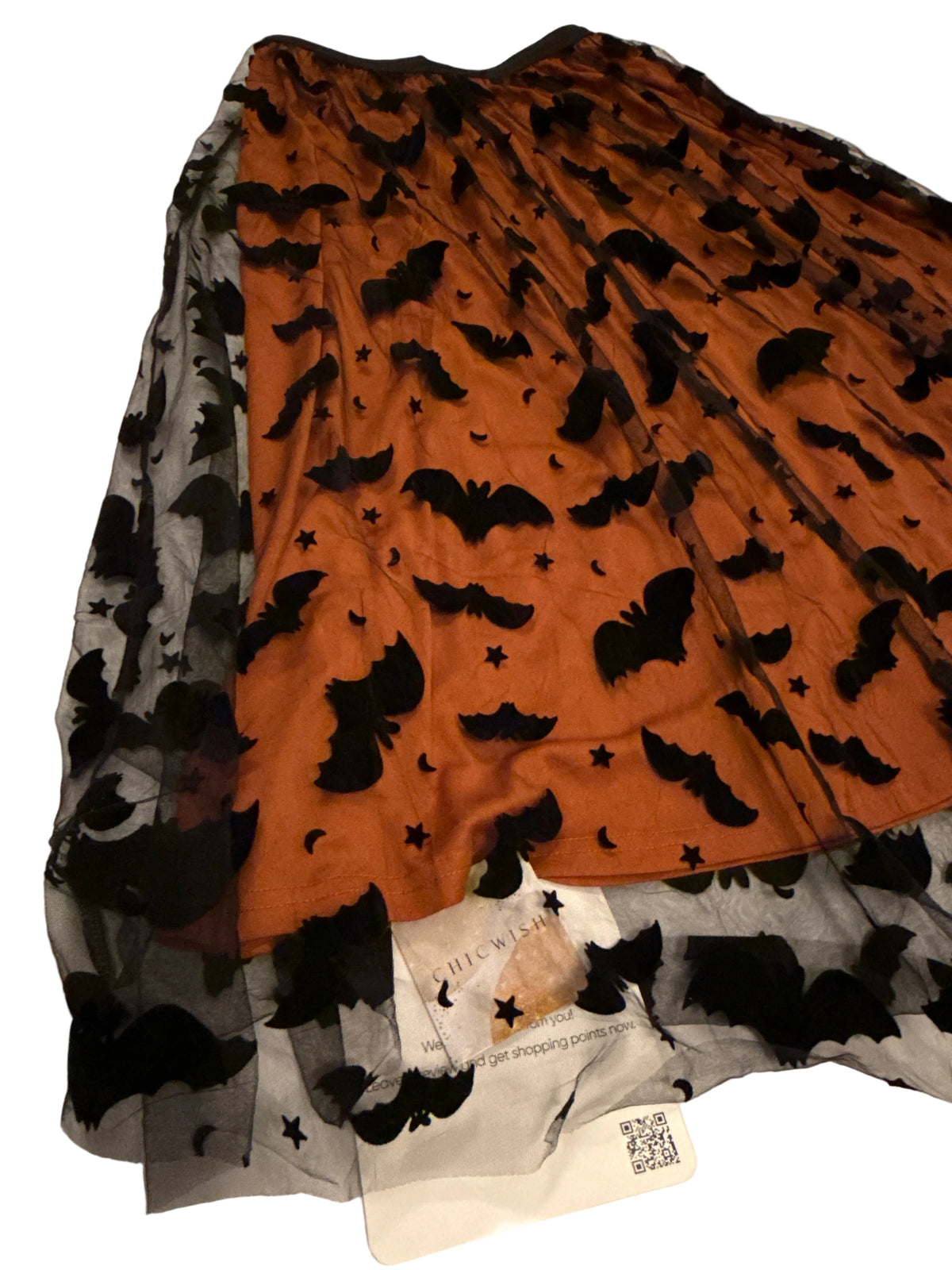 Chicwish Fluffy Orange & Black Tulle Halloween Skirt w/ Bats, Stars, & Moons L-XL