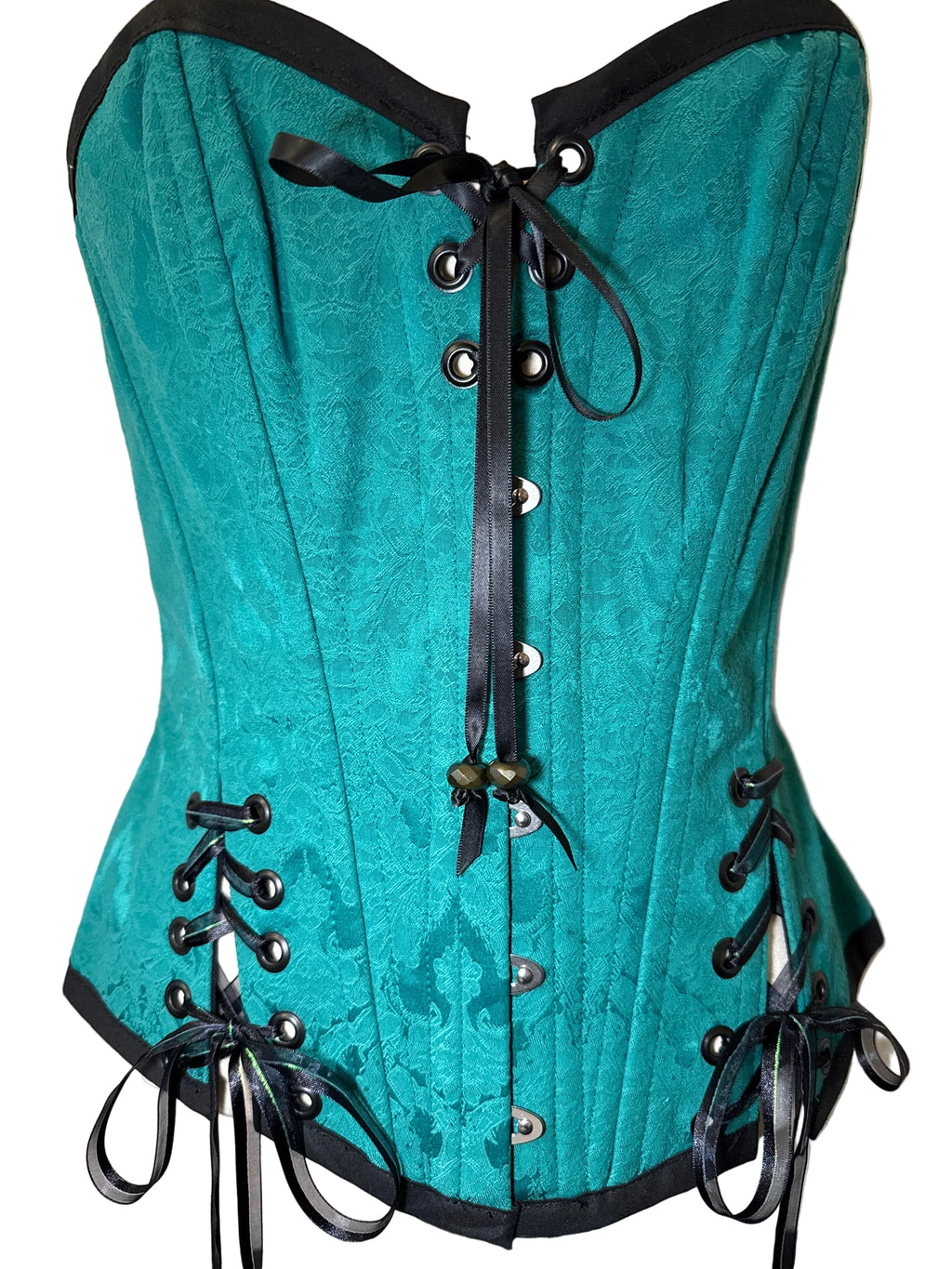 Custom Laced, Hand Beaded, Green & Black Corset M