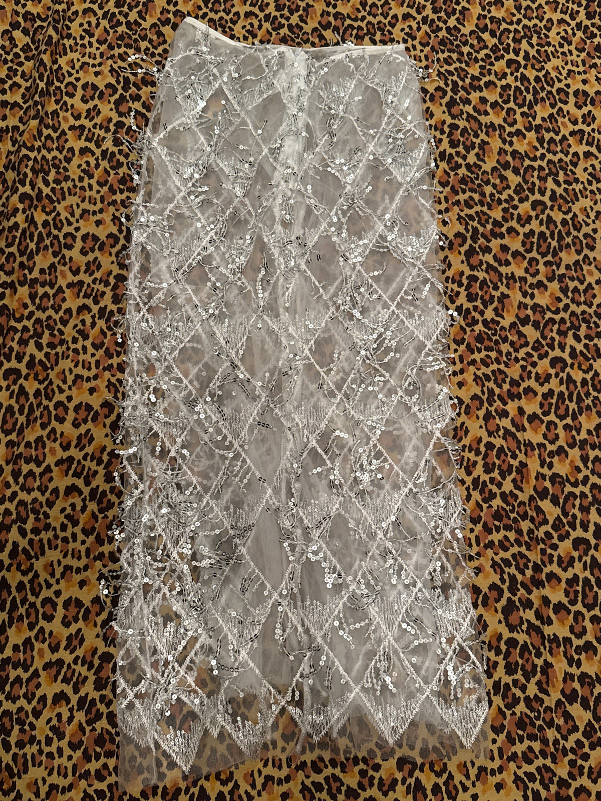 Silver, White, & Sheer Beaded Rhinestone Festival Skirt Long S