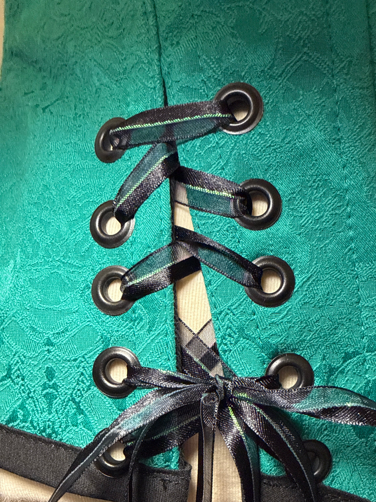 Custom Laced, Hand Beaded, Green & Black Corset M