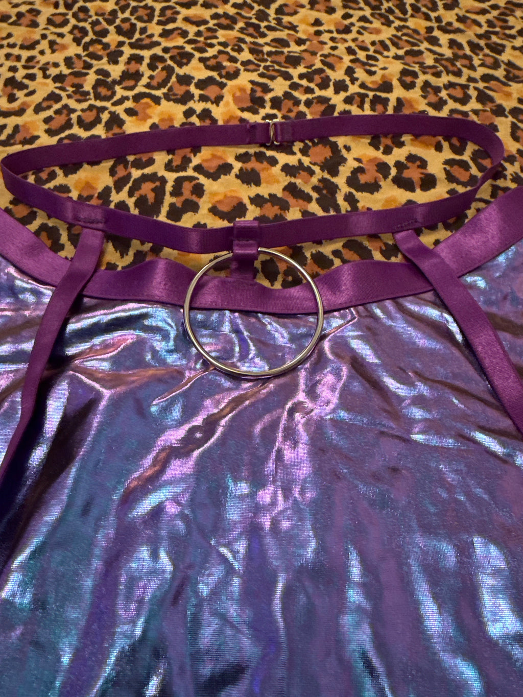 Purple Holographic O-Ring Skirt w Waist Belt & Stocking Clips S