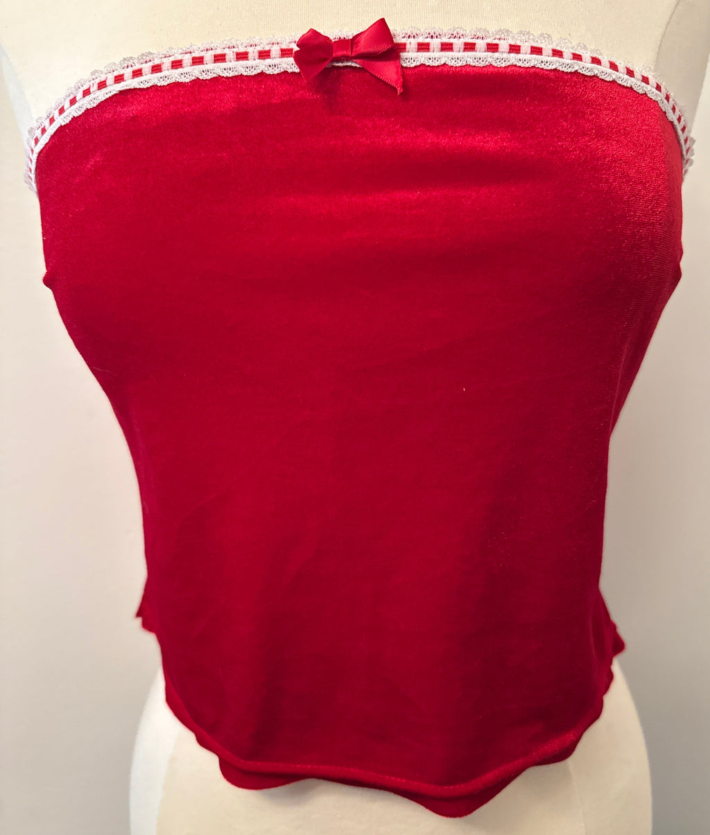 Fuzzy Red & White Lace Trim Tube Top XL