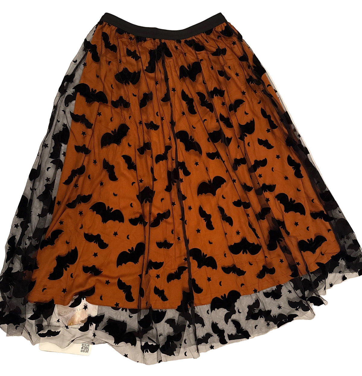 Chicwish Fluffy Orange & Black Tulle Halloween Skirt w/ Bats, Stars, & Moons L-XL