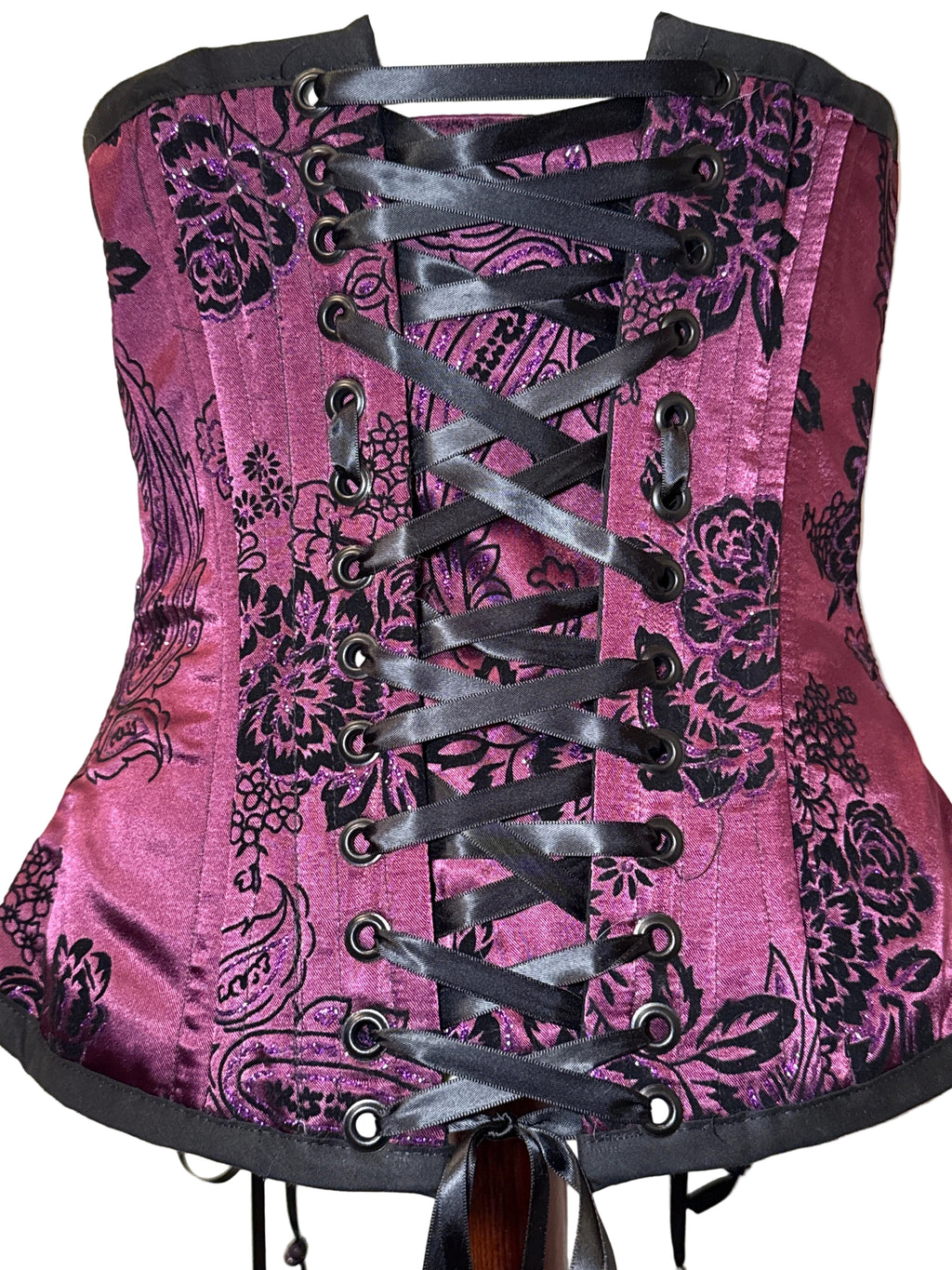 Custom Laced, Hand Beaded, Purple Corset w/ Black Velvet Roses & Purple Glitter M