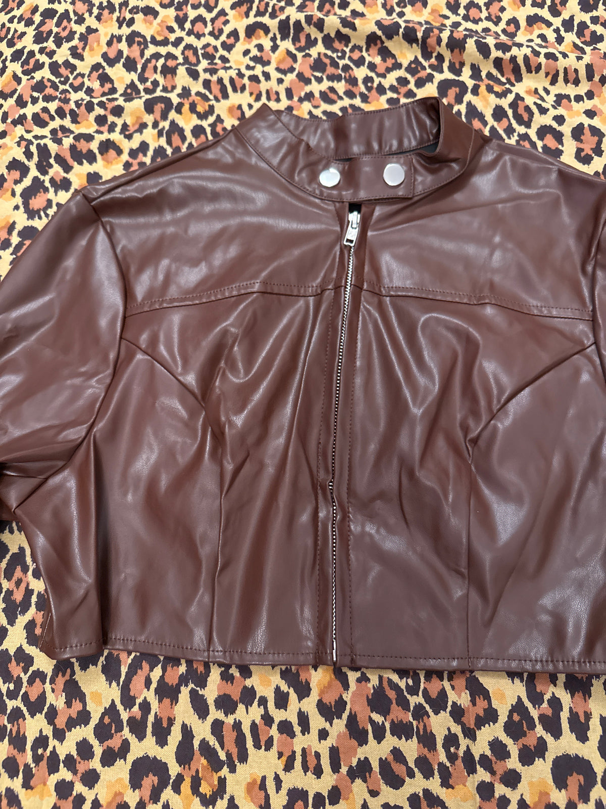 Shein Dark Brown Pleather Mini Cropped Long Sleeve Jacket S