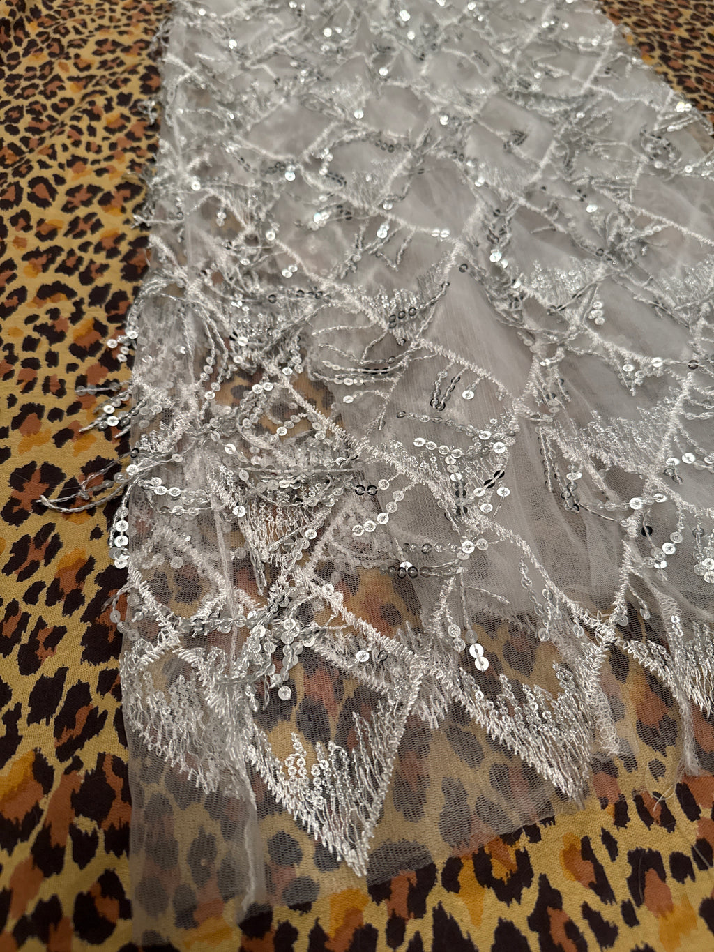 Silver, White, & Sheer Beaded Rhinestone Festival Skirt Long S