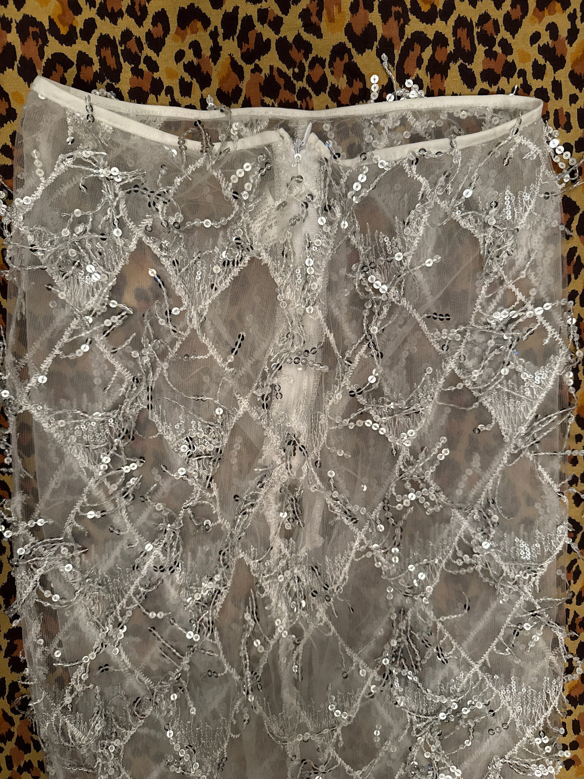 Silver, White, & Sheer Beaded Rhinestone Festival Skirt Long S