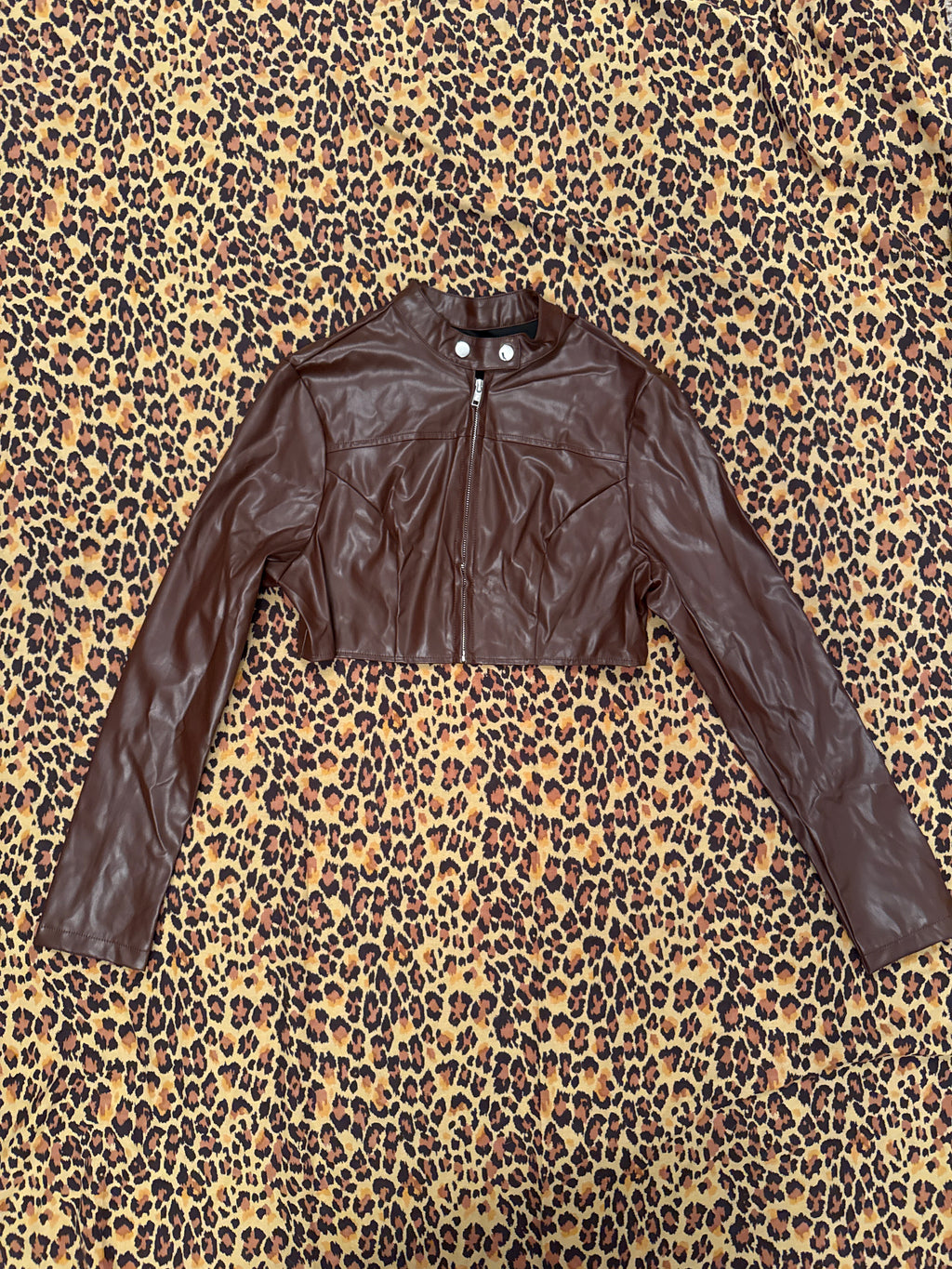 Shein Dark Brown Pleather Mini Cropped Long Sleeve Jacket S
