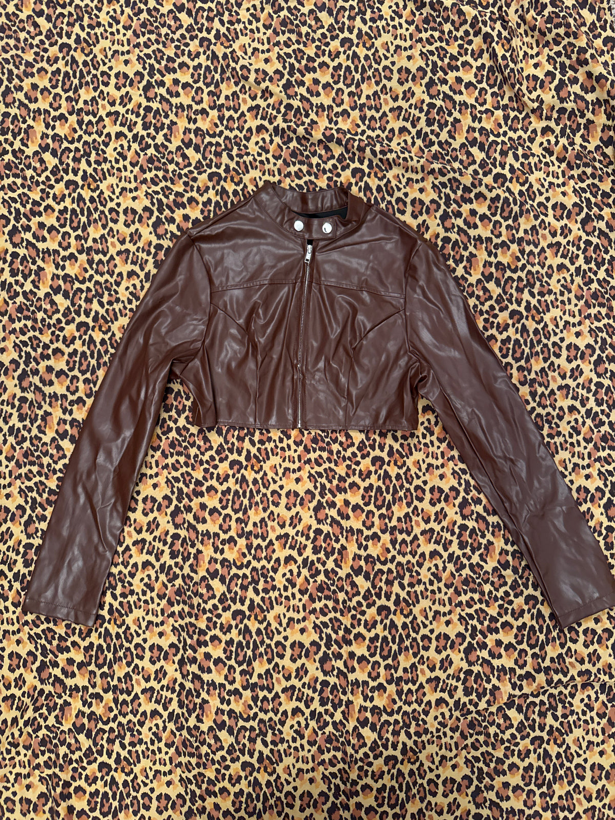 Shein Dark Brown Pleather Mini Cropped Long Sleeve Jacket S