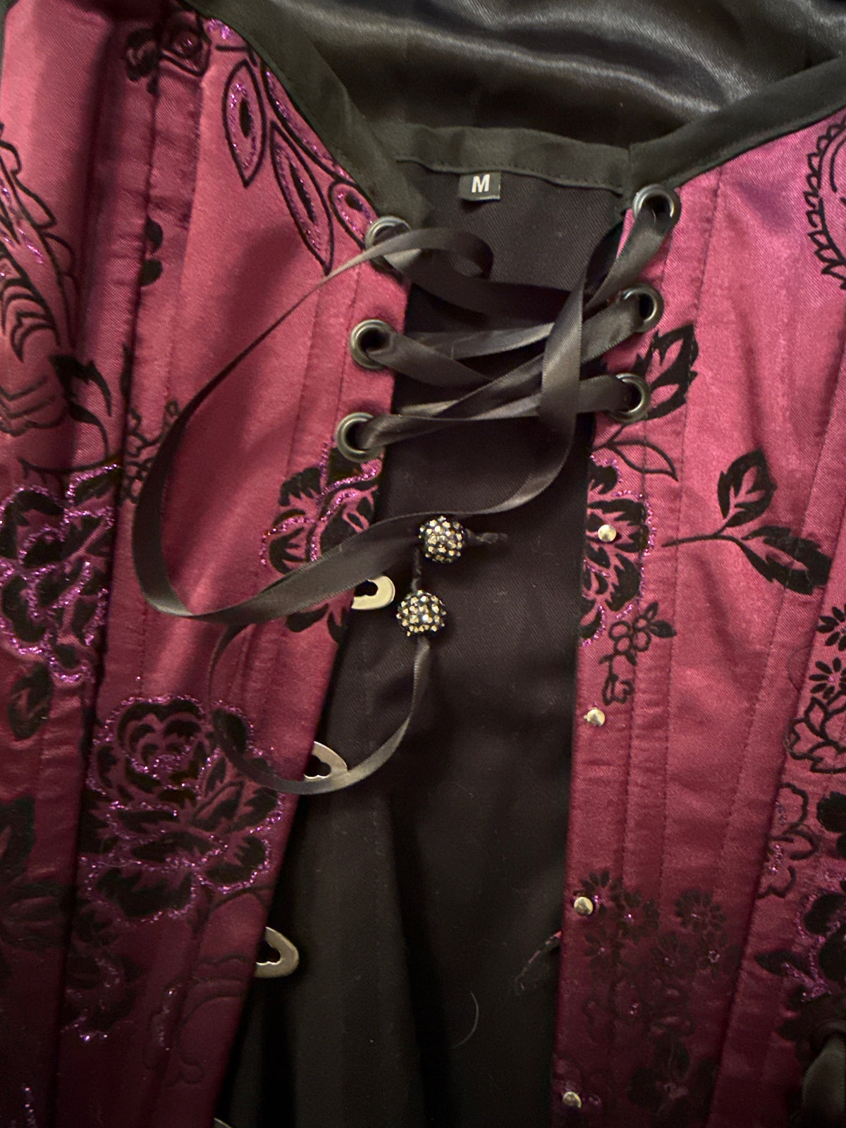Custom Laced, Hand Beaded, Purple Corset w/ Black Velvet Roses & Purple Glitter M