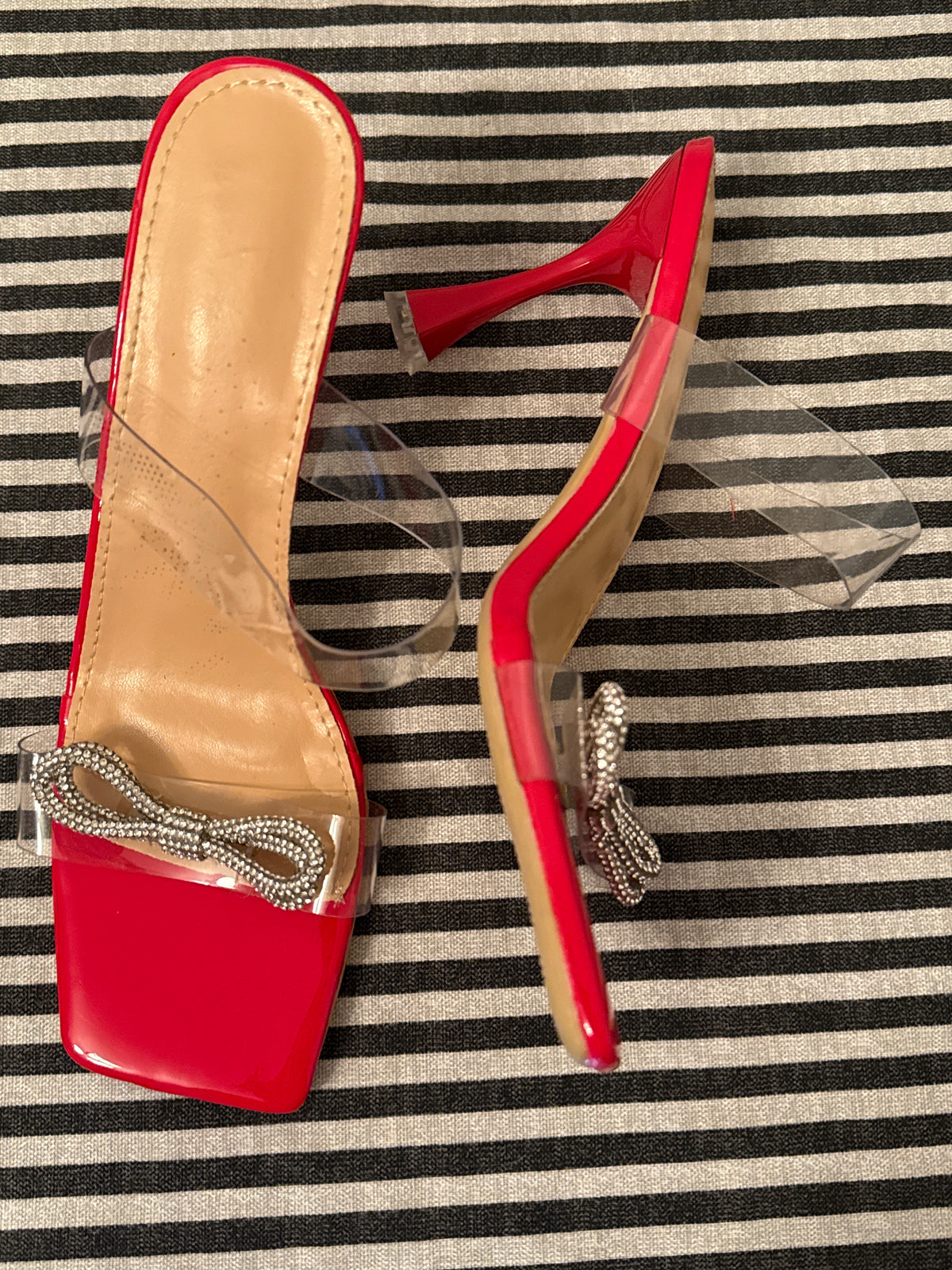 Red Heeled Sandals w/ Clear Straps & Silver Rhinestone Bows Size EU 40