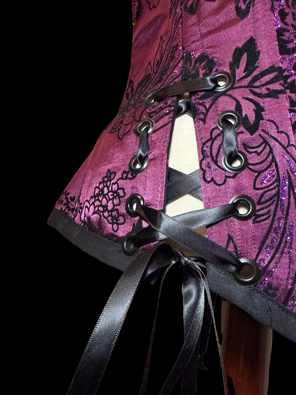 Custom Laced, Hand Beaded, Purple Corset w/ Black Velvet Roses & Purple Glitter M